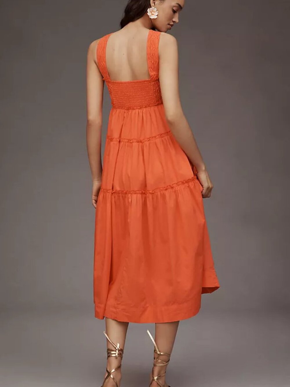 Anthropologie The HELENA Square-Neck SMOCKED TIERED Midi Dress NWT Hot Lava M